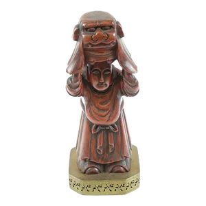 Antique Chinese Wood Carving of a Man on Brass Stand