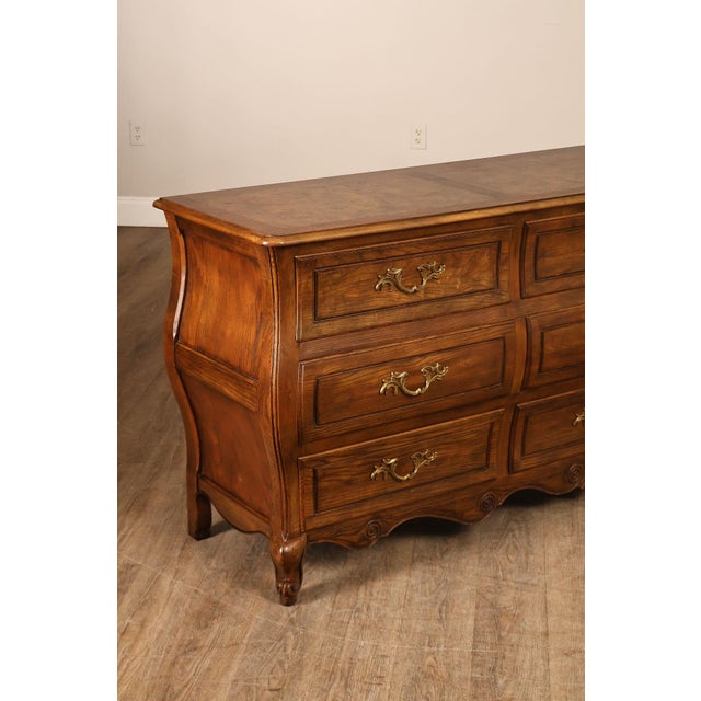 Late 20th Century Baker Furniture Company Burl Wood Long Bombe Dresser For Sale - Image 5 of 18