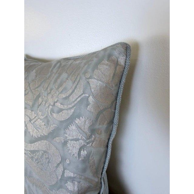 Fortuny Cotton Damask Throw Pillows, Venetian Floral Motif, Aqua & Silver Pair For Sale - Image 10 of 10
