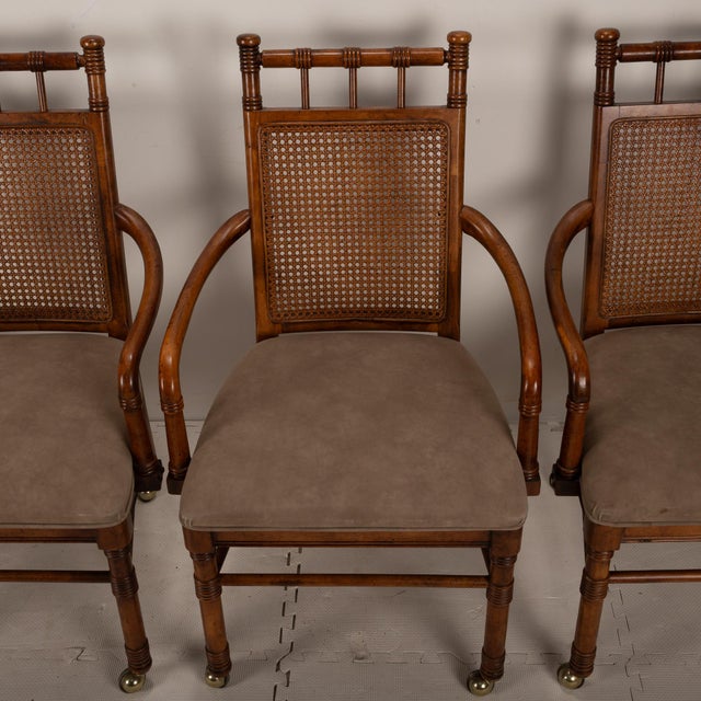 Wood 1970s Vintage Stanley Furniture Co. Faux Bamboo Cane Back Rolling Arm Chairs - Set of 4 For Sale - Image 7 of 12