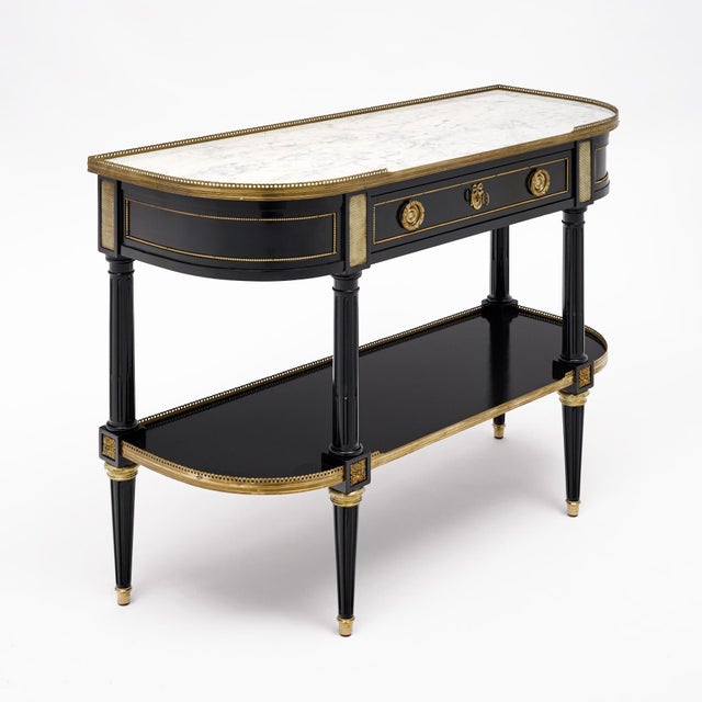 French French Louis XVI Style Ebonized, Brass and Marble Console Table For Sale - Image 3 of 9