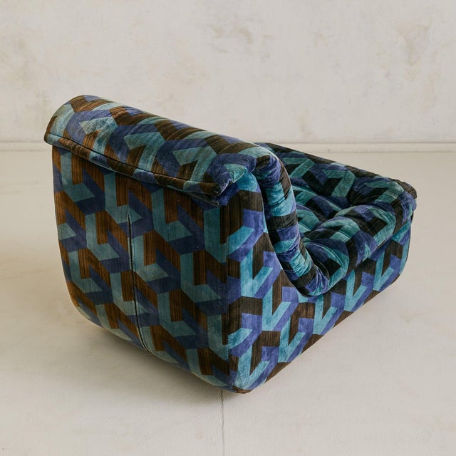 Blue Italian Lounge Chair in Original Geometric Upholstery, 1970s - 3 Available For Sale - Image 8 of 11