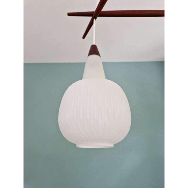 Scandinavian Chandelier in Teak and White Opaline Glass, 1960s For Sale - Image 6 of 18