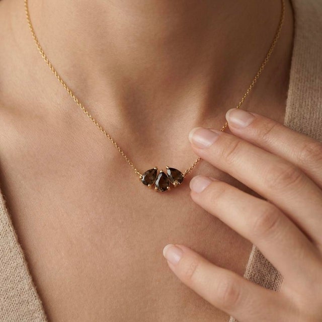 Contemporary Smoky Quartz Cluster Necklace | 18k Gold Plated Trio Necklace | Minimalist Gemstone Dainty Layering Necklace For Sale - Image 3 of 3