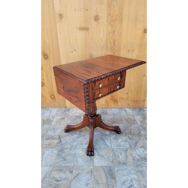 Antique Empire Carved Flame Mahogany Drop Leaf Sewing Side Table For Sale In Chicago - Image 6 of 10