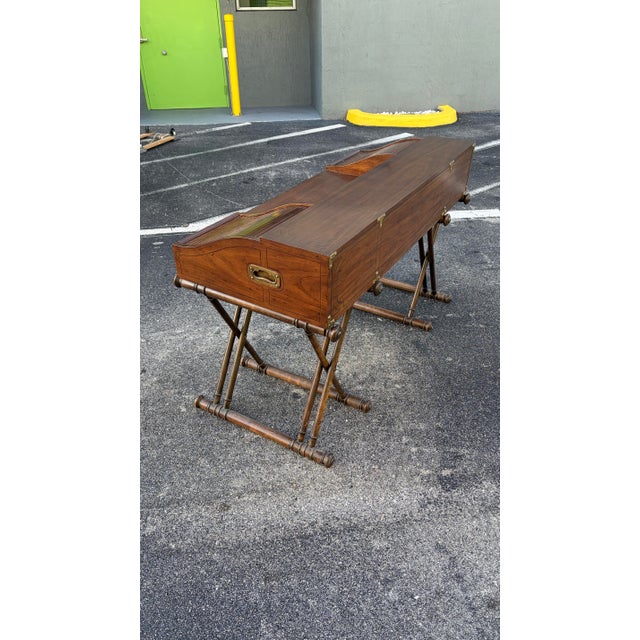 Vintage Campaign Faux Bamboo Desk Tambour Drawers For Sale - Image 4 of 9