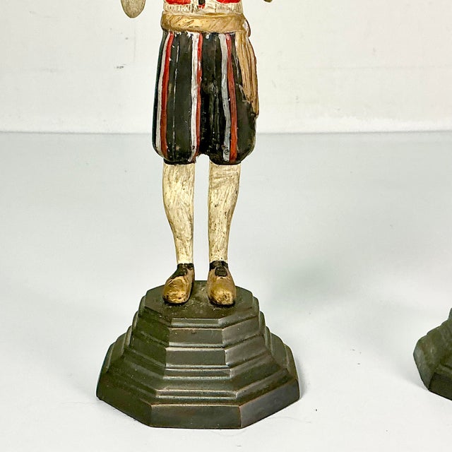 Early 1900s Antique Mediterranean Italian Venetian Moorish Painted Bronze Candelabras - A Pair For Sale - Image 4 of 17