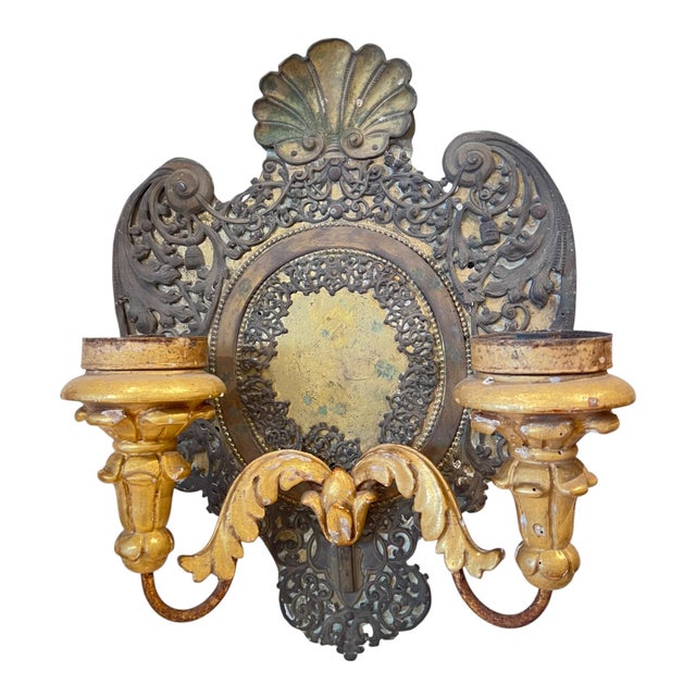 Italian 19th Century Italian Pair of Tole & Gilded Wood Sconces For Sale - Image 3 of 7