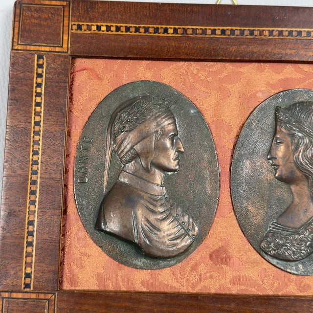 High Relief Metal Plate of Dante and Beatrice with Inlaid Wood Frame For Sale - Image 5 of 11