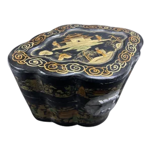 Chinese Antique Black Lacquered Gilt Painted Covered Box 1940s