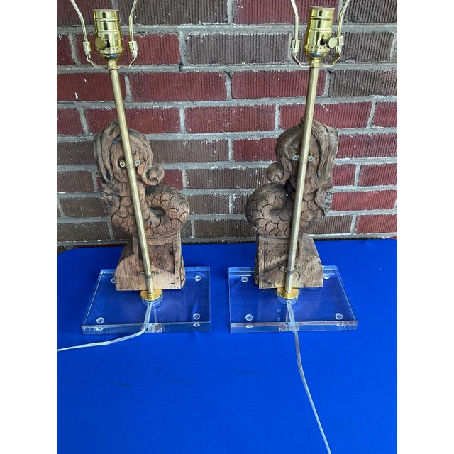 Wood Pair Antique French Dolphin Architectural Fragment Lamps W/Lucite Bases For Sale - Image 7 of 9
