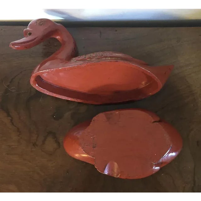 Antique Chinese Red Orange Lacquer Carved Wood Duck Goose Box For Sale - Image 9 of 11