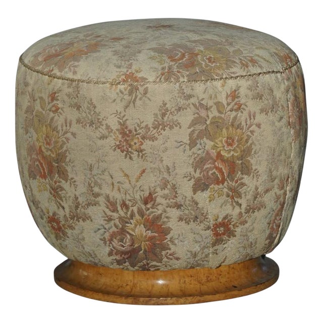 Art Deco Danish Sculptural Round Stool in Fabric & Burl Wood, 1940s For Sale