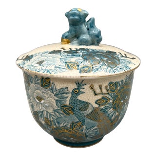 Vintage Japanese Satsuma Blue Peacock and Floral Lidded Bowl With Foo Dog Handle For Sale