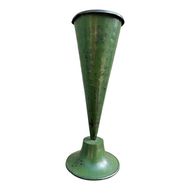 Mid-Century Modern Green Enameled Metal Cone Vase For Sale