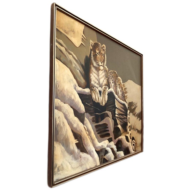 Large Format Vintage Mid-Century Modern painting of a Snow Leopard. The painting maintains its original frame and is...