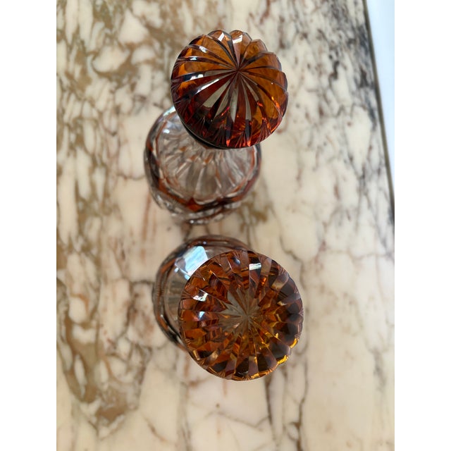 Pair Vintage Bohemian Czech Amber Cut to Clear Decanters For Sale - Image 11 of 12