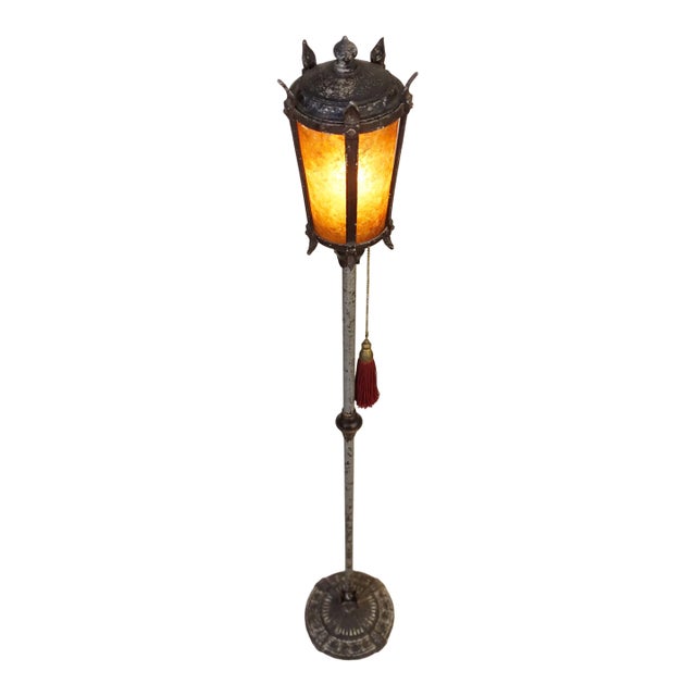 1916 Attributed to Oscar Bach Arts Crafts Cast Iron Mica Lantern Torchiere Floor Lamp For Sale