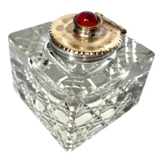 Vintage Cut Crystal Inkwell W/Brass Lid and Red Gemstone For Sale