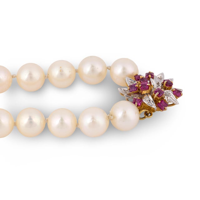 Vintage Ruby Diamond Pearl 14k Yellow Gold Necklace For Sale - Image 4 of 6