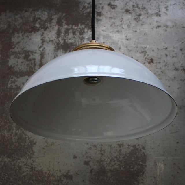 Vintage Industrial Gray Enamel Pendant Lamp with Brass Top from KWE For Sale - Image 4 of 5