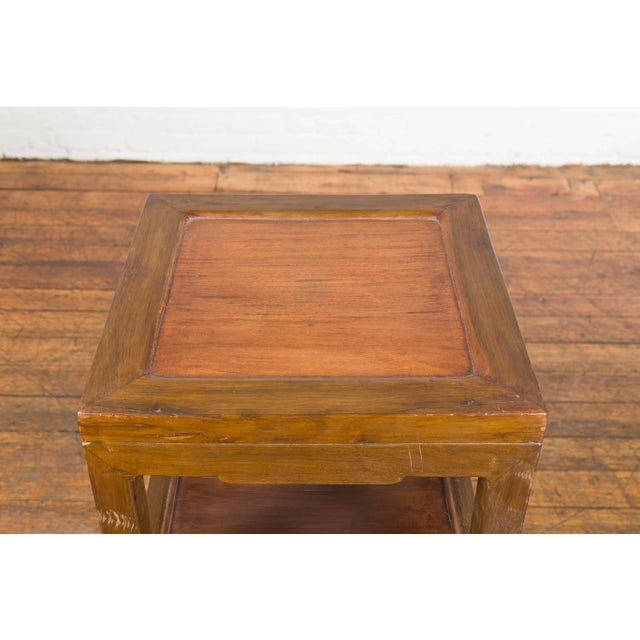 Vintage Honey Brown Side Table With Geometric Base Shelf For Sale - Image 11 of 13
