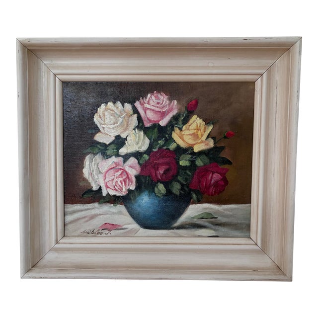 Vintage Original Floral Rose Oil Painting, Signed Flower Art For Sale