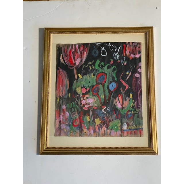 Colorful abstract painting by Elia Magical Garden with Hedgehogs, mixed media on brown paper framed in gold tone frame...