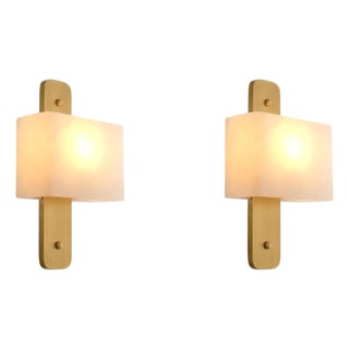 Antique Modernist Brass & Alabaster Wall Lamps, Set of 2 For Sale