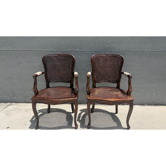 French Pair of Vintage Double Cane Professionally Refinished Louis XV Style Arm Chairs Bergere Chairs For Sale - Image 3 of 3