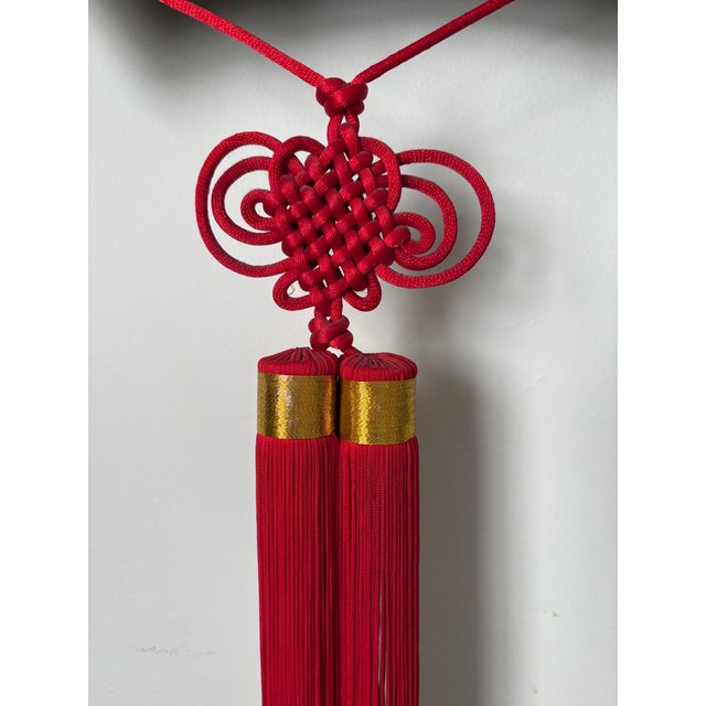 Vintage Japanese Style Ebisu & Daikoku Wooden Mask Wall Hanging With Red Tassels For Sale - Image 10 of 10