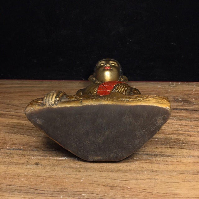Asian Vintage Gilt Bronze Seated Buddha Statue With Red Robe For Sale - Image 3 of 9