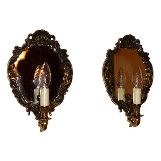 Antique Brass Mirror Putti Wall Lamps from Unbekannt, 1920s, Set of 2 For Sale