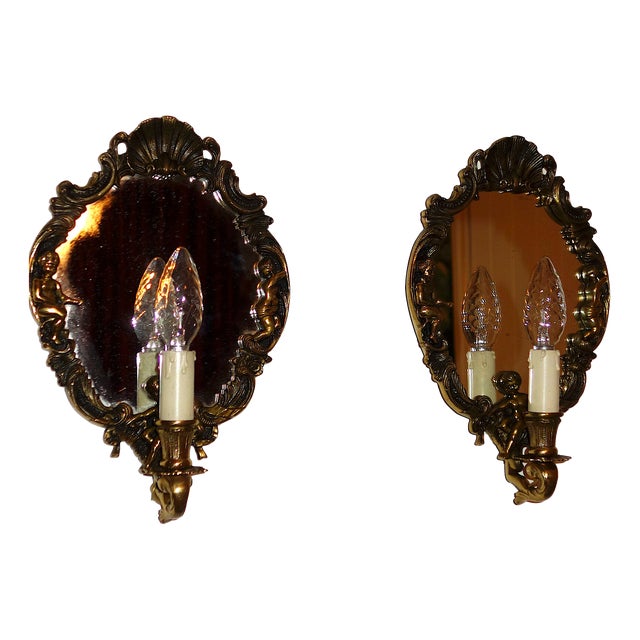 Antique Brass Mirror Putti Wall Lamps from Unbekannt, 1920s, Set of 2 For Sale