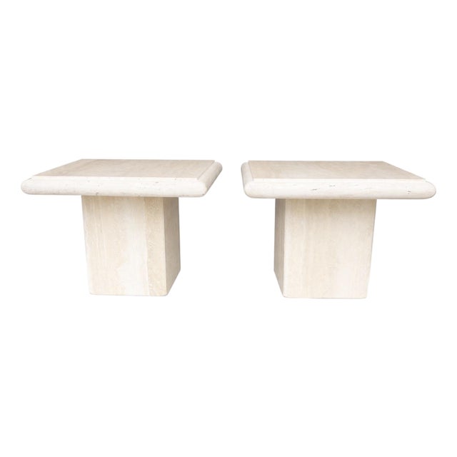 Vintage Pair of Italian Travertine Side Tables From 80's For Sale
