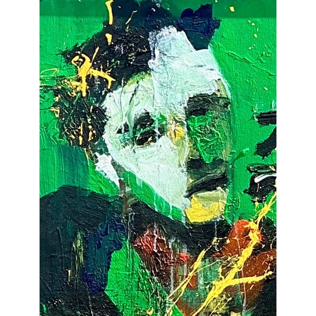 This vintage Abstract Expressionist painting is a raw, electrifying portrait, its seated central figure emerging from a...