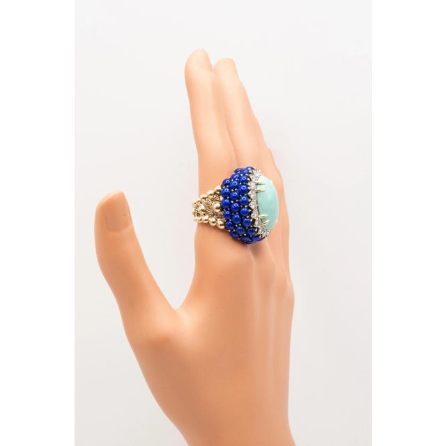 1960s Vintage 14k Yellow Gold Diamond Turquoise Lapis Cocktail Ring C. 1960s, Size 7.5 For Sale - Image 5 of 9