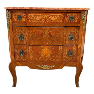 Vintage Louis XV Style Floral Marquetry Bombe Commode With Marble Top For Sale
