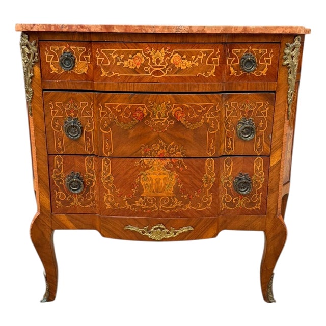 Vintage Louis XV Style Floral Marquetry Bombe Commode With Marble Top For Sale