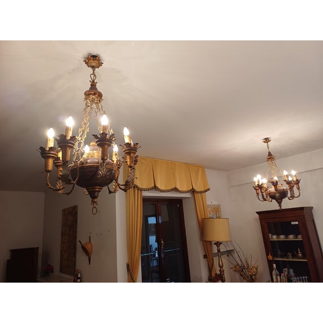 Wooden and Brass Six-Armed Chandeliers, 1920s, Set of 2 For Sale - Image 6 of 8