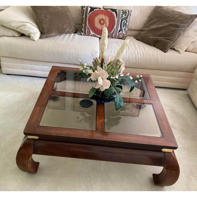 1970s 1970s Chinese Square Coffee Table With Four Panes of Glass on Top. For Sale - Image 5 of 6