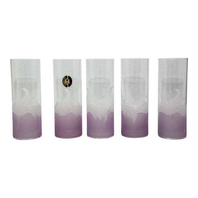 Vintage Etched Lily Highball Tumbler Glasses Lilac Bohemia C For Sale