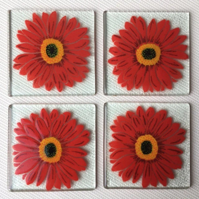 Glass Retro Handpainted Red Zinnia Flower Glass Coasters, Signed For Sale - Image 7 of 7