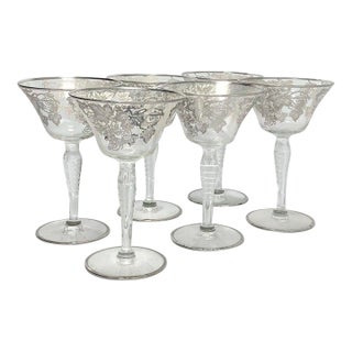 1960s Mid-Century Set of 6 Silver Grape Leaf Overlay Wine Glasses For Sale