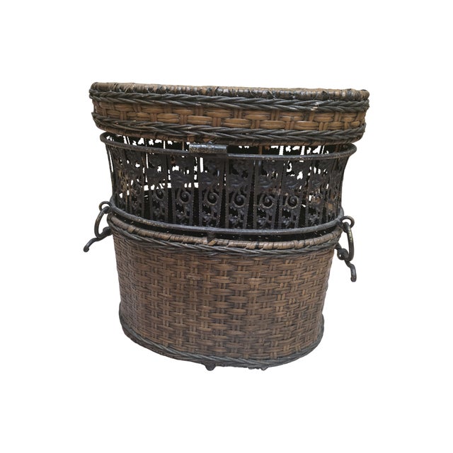 Vintage Woven Rattan & Ornate Metal Storage Basket Chest For Sale In Los Angeles - Image 6 of 7