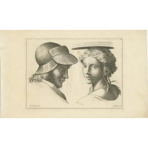 This engraving depicts two contrasting profiles. On the left is a male figure adorned with a detailed, patterned cap, his...