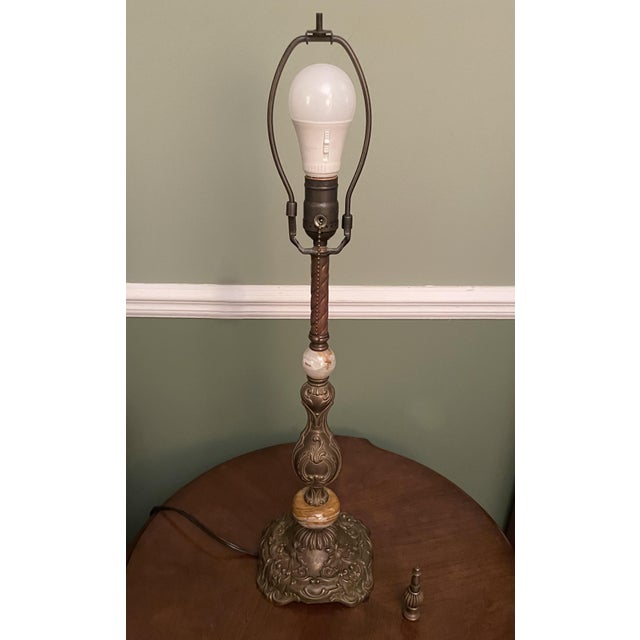 Vintage Victorian Revival Table Lamp Heavy Brass Stone Base Amber Fringe Shade For Sale - Image 11 of 16