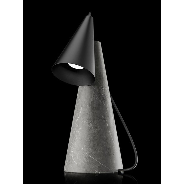 Table lamp with grey stone base and conic black paint lightshade. European Plug (up to 250V).
