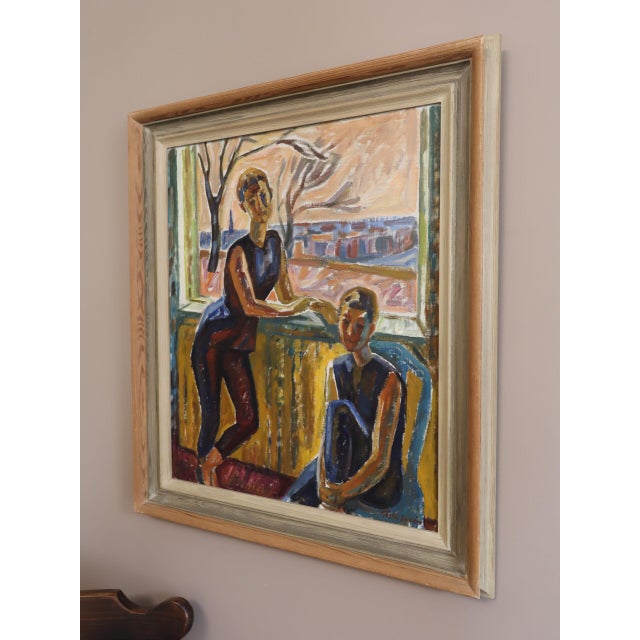 Mid 20th Century Mid-Century Modern 'Figures at the Window' Vintage Swedish Expressive Figurative Oil Painting, Framed For Sale - Image 5 of 14