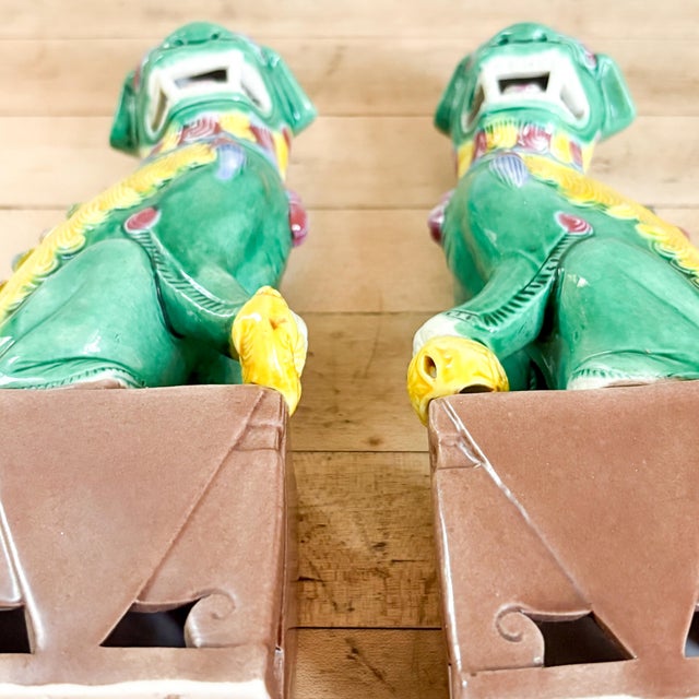 Ceramic Antique Famille Verte Style Ceramic Foo Dog Pair: Green, Yellow and Brown Glazed Asian Figurines For Sale - Image 7 of 11
